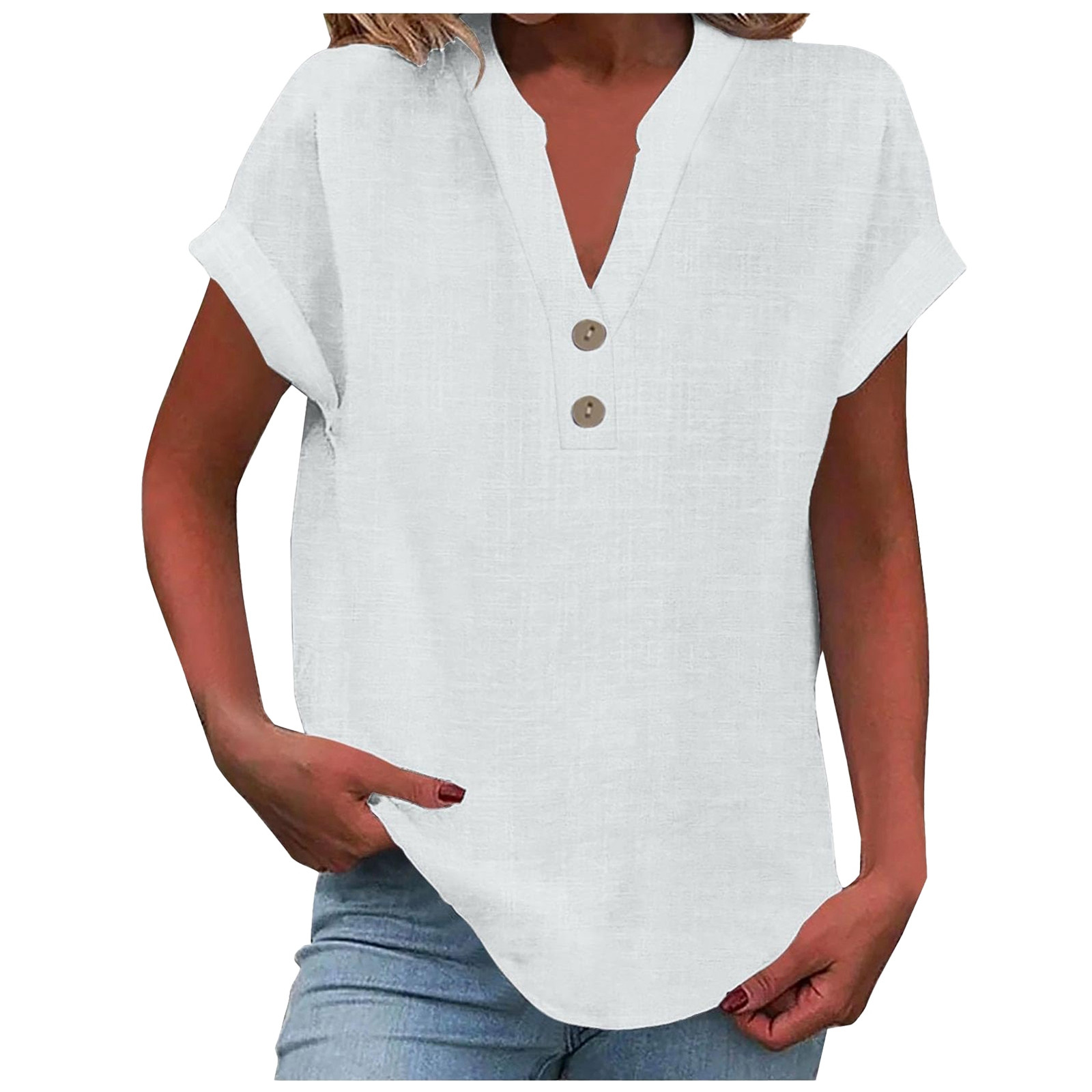 thumbnail image 1 of Camiseta sin mangas de verano holgada con cuello en V y pliegues para mujer: blusa fluida sin mangas con dobladillo curvo., 1 of 5